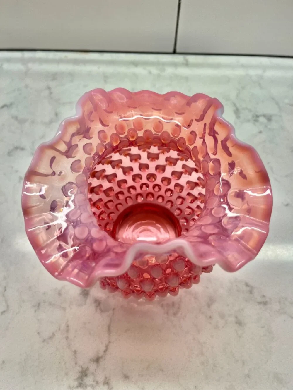 Fenton Glass Vase in the Cranberry Opalescent Hobnail Pattern